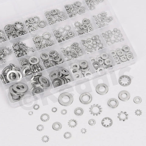 Massive 400 Piece Washer Set Kit With Split Lock Washers, External And Internal Star Washers, And Flat Washers In Sturdy 304 Stainless Steel, Imperial Sizes Six, Eight, Ten And One Quarter, Five Sixteenths, Three Eighths Inch. Assorted washers in plastic organizer