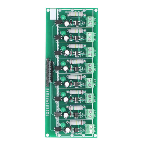 8 Channel Optocoupler Isolation Board For 220V AC Detection, PLC And MCU Interface shown vertically with green circuit board.