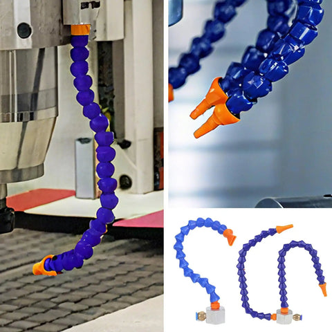 Rugged Shop Workhorse Machine Lubricator With Flexible Coolant Hose Adjustable Flow Control and Resilient Round Beak Spout for Continuous Cutting Drilling Milling Tasks with blue flexible hose.