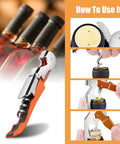 Six Piece Orange Wine Opener Set With Professional Waiter Corkscrews Stainless Bottle Opener Fold Out Serrated Foil Cutter shown in use