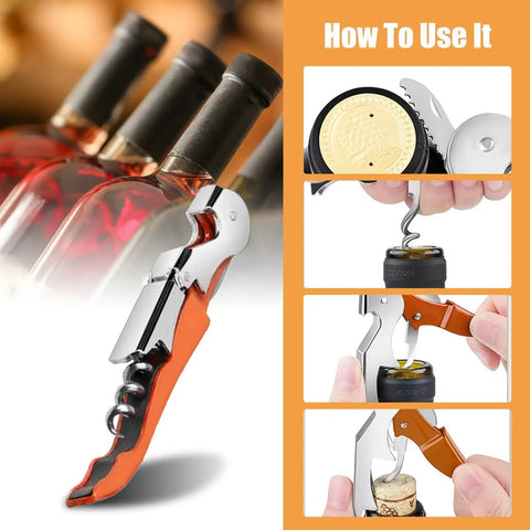 Six Piece Orange Wine Opener Set With Professional Waiter Corkscrews Stainless Bottle Opener Fold Out Serrated Foil Cutter shown in use