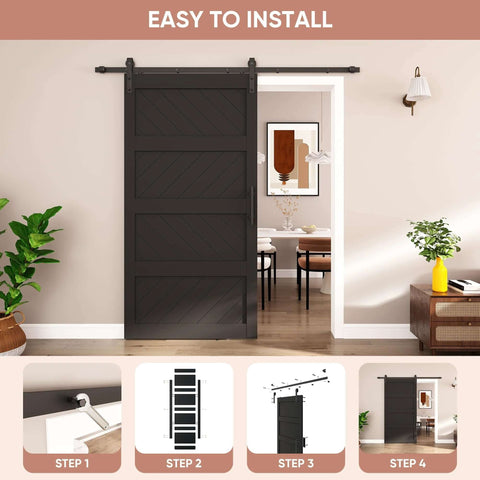 Sliding Barn Door 42x84 Inch Four Panel Black Wave Shape Barn Door With Hardware Kit Installed in a Modern Rustic Room