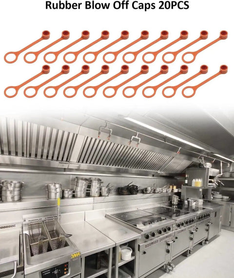 20 rubber blow-off caps for kitchen suppression vent hood systems displayed above stainless steel kitchen setup.