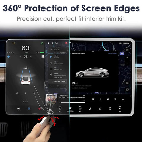 Tesla 2PCS Protector Trim Frame Kit for Model 3 and Model Y 2020 to 2026 front screen edge protector installation.