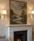 Vintage Wireless Wall Sconce Set Of Two Rechargeable Gold Led Accent Lamps With Fifteen RGB Mood Tones Zero Cord Hassle Super Easy Mount For Living Room Vibe flanking framed landscape art.