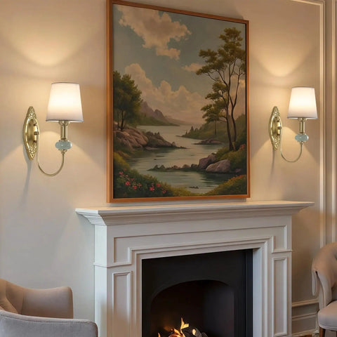 Vintage Wireless Wall Sconce Set Of Two Rechargeable Gold Led Accent Lamps With Fifteen RGB Mood Tones Zero Cord Hassle Super Easy Mount For Living Room Vibe flanking framed landscape art.