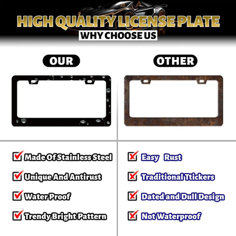 Comparison of Floral Blue Flowers License Plate Frame Stainless Steel Durable Car Decor With Holes And Screws with a rusted frame.