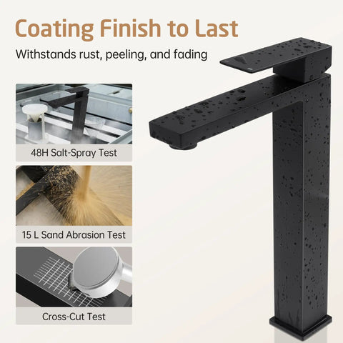 Dope Matte Black Tall Vessel Sink Faucet For Single Hole Bathroom Setup Stainless Steel Lead Free 18 8 NSF And CUPC Certified California CEC Compliant Modern Waterfall Style with coating finish tests