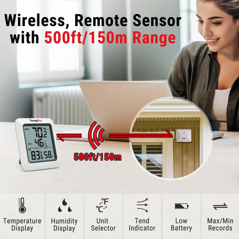 Long Range Indoor Outdoor Thermometer With 2 Wireless Sensors, 500 Ft Range, Real Time Temperature And Humidity Readouts, Battery Included, Tabletop Or Wall Mount Ready, No Fuss Setup For Home Or Office on desk