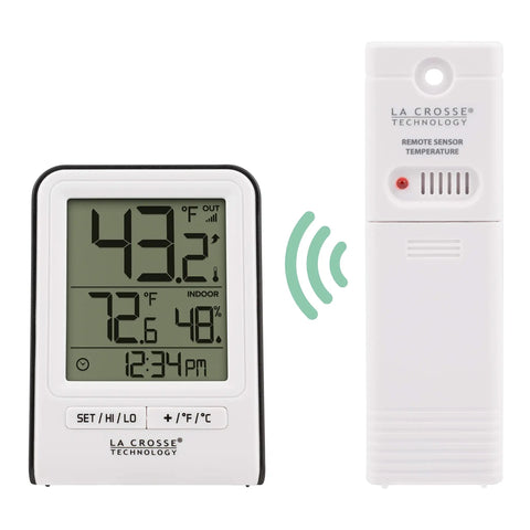 Wireless Indoor And Outdoor Temperature Monitor With Humidity Hi Low Records 12 And 24 Hour Time 330 Ft Transmission Range Outdoor Sensor Reads Down To Minus Forty Fahrenheit Clear Display With Trend Readouts