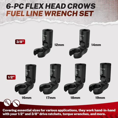 BILITOOLS 6-piece flex-head crowfoot wrench set, 12–19 mm, 3/8-in and 1/2-in drives, storage case