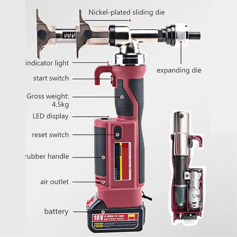 Detailed view of Pex Expansion Tool Kit With 16 To 32mm Expander Heads, showing components like indicator light, LED display, nickel-plated die.
