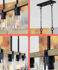 Close-up of Asher 34-Inch 4-Light Farmhouse Kitchen Island Light with smoked birch finish, glass shades, and black accents.