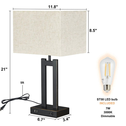 Table Lamps Set Of 2 With USB Charging Ports And AC Outlet, 3 Way Dimmable Touch Control Nightstand Lamps details with dimensions