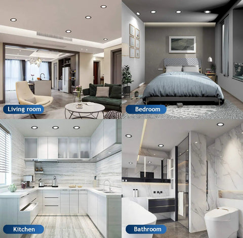 Black Recessed Canless 4 Inch Wafer Pot Lighting With Junction Box in living room, bedroom, kitchen, and bathroom settings.