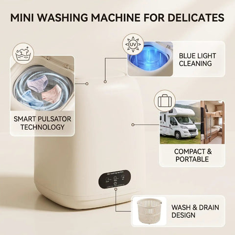 Slick Mini Clothes Washer With Built In Spin Basket For Undies And Socks Smart Pulsator Cycle Delivers Top Notch Clean showing blue light cleaning feature.