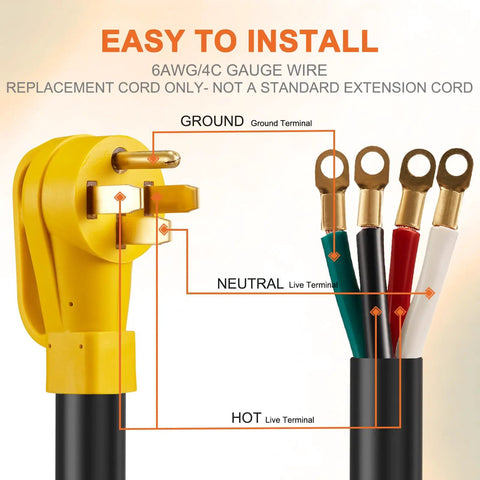 Heavy Duty Nema 14-50 Range Power Cord Stove Dryer Plug And Play 6 Awg 4 Wire Pigtail showing terminal connections and gauge details