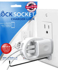 Lock Down Your Wall Outlet With This Tug Proof Charger Lock That Attaches Via Heavy Duty Security Screw To Block Sneaky Tugs And Keep Dual Charging Cables Locked Tight Forever on a wall outlet with dual chargers.