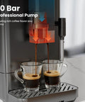 Hella Smooth 20 Bar Automatic Espresso Machine Featuring Built In Grinder And One Touch Brew For Single Double Shots Or Americanos With Smart Alerts And No Fuss Maintenance pouring espresso into two clear cups.