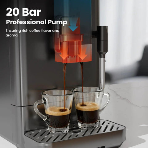 Hella Smooth 20 Bar Automatic Espresso Machine Featuring Built In Grinder And One Touch Brew For Single Double Shots Or Americanos With Smart Alerts And No Fuss Maintenance pouring espresso into two clear cups.