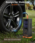 Portable Tire Inflator Air Compressor With 7800mAh Battery, 12V DC Power, attached to car tire with 16-inch hose