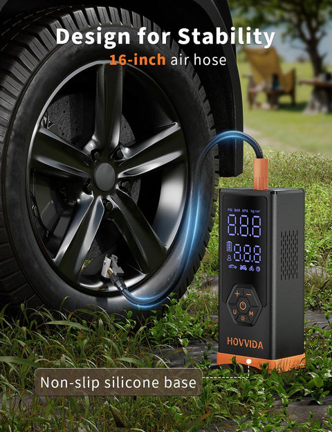 Portable Tire Inflator Air Compressor With 7800mAh Battery, 12V DC Power, attached to car tire with 16-inch hose