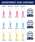 Heat Shrink Ring Connector Kit with KableSeal Technology assortment showing ring sizes, AWG 22 to 10, with count per type.