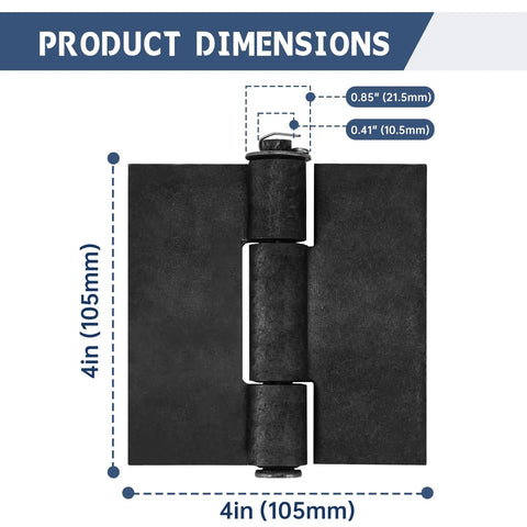 Beefy Weld On Hinges Three Piece Set 4 By 4 Inches Weldable Butt Hinges For Gates Garage Doors And Trailers 4.5mm Thick Load Up To 1000lbs Ideal For Industrial Gates And Heavy Duty Doors In Farm Warehouse And Trailer Setups. Black 4x4in steel weld-on hinge with 0.85in and 0.41in shafts