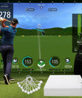 Golfer using Golf Simulator Impact Screen For Indoor Outdoor Practice, 4mm thickened polyester with 46 grommet holes, home setup.