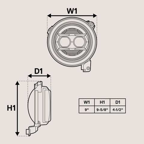 Technical diagram of Jeep Wrangler JL JLU Gladiator JT 9 Inch Round LED Headlights Upgrade With Dual Halo DRL DOT Approved