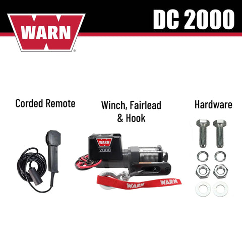Component layout of 2000 Lb 12V Electric Winch with steel cable, hook, corded remote, and hardware.