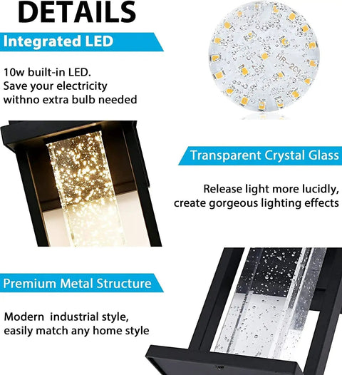 Dusk To Dawn Outdoor LED Wall Light With Crystal Glass 10W 480LM IP23 Patio details showing LED and crystal glass.