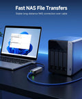 Laptop connected to NAS using USB-C to 10Gb Ethernet Adapter with USB4 and Thunderbolt compatibility, showing fast NAS file transfers.