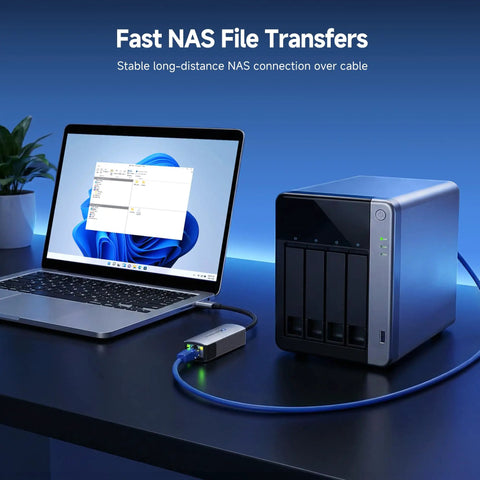 Laptop connected to NAS using USB-C to 10Gb Ethernet Adapter with USB4 and Thunderbolt compatibility, showing fast NAS file transfers.