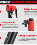 Triple safety system features of Cabinet Jack Third Hand Tool with adjustable support pole from 18.5 to 29.5 inches.