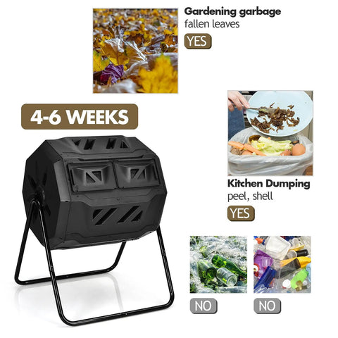 Dual Chamber Outdoor Compost Tumbler With 43 Gallons Capacity 360 Degree Rotating Barrel for composting leaves and kitchen waste