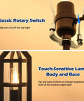 Close-up of rotary switch and touch-sensitive feature on 2 Light Farmhouse Rustic Touch Table Lamps Set Of 2 With Gray Shades.