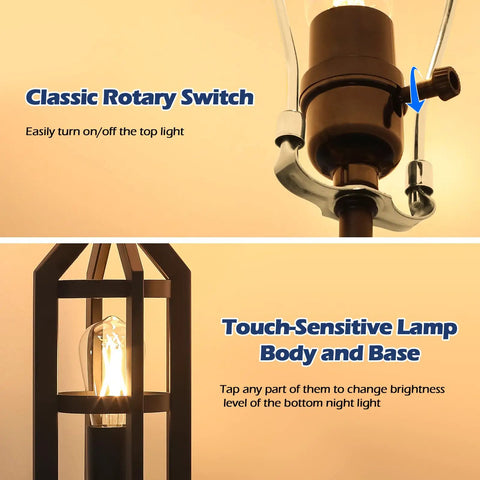 Close-up of rotary switch and touch-sensitive feature on 2 Light Farmhouse Rustic Touch Table Lamps Set Of 2 With Gray Shades.