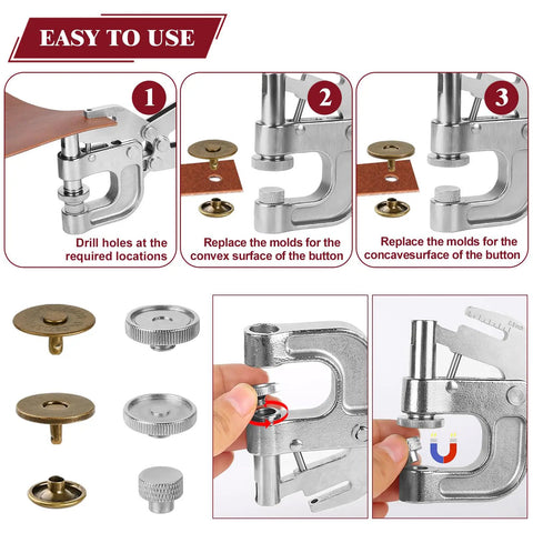 Leather Craft Rivets And Magnetic Snaps Kit With 160 Double Cap 10mm Rivets And 20 Magnetic Buttons In 4 Colors including 18mm Snap Fasteners being used with setting tool