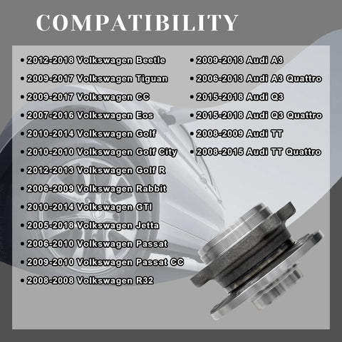 Beef Up Your Ride With Front Wheel Bearing Hub Assembly For 5 Lug Vehicles With ABS Compatible with Audi A3 Q3 TT Beetle Passat R32 Tiguan 513253 Replacement Front Left Right compatibility chart with car models listed.