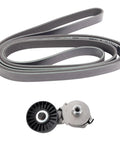 Heavy Duty Serpentine Drive Belt And Accessory Tensioner Component Kit To Kill Squeaking Noise And Keep Your Ride Running Smooth Without Worries About Breakdowns While Doing Easy Installation For Domestic Car Owner Looking To Save Cash Today. serpentine belt and tensioner set, black rubber and metal