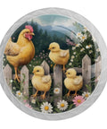 4 Pack White Dresser Knobs Set With Flower And Chicken Fence Patterns showing chicken and chicks by a fence, floral design