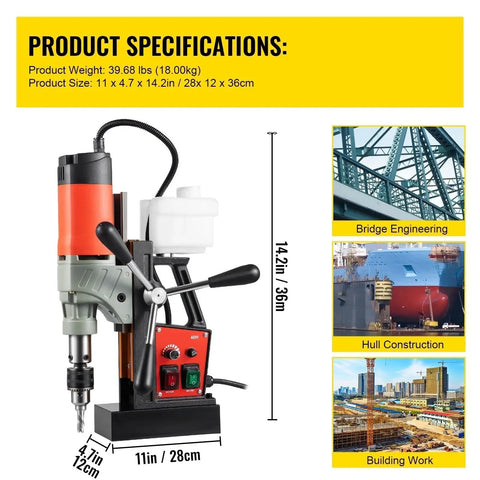 Heavy Duty 1200W Magnetic Drill Press With Forty MM Bore Size And Badass 13K Newton Grip with product specs for heavy steel work.