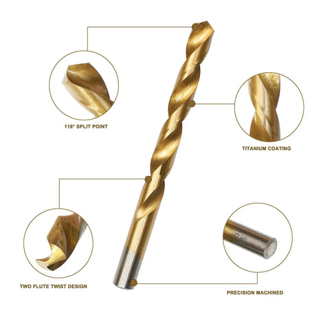 Close-up of 99 Piece Drill Bit Set With Titanium Coated HSS Twist Bits For Metal Wood Plastic Aluminum Copper Iron 1/16 To 3/8 Inch
