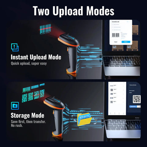 1D And 2D QR Barcode Scanner Wireless And Wired With Battery Level Indicator 2200mAh Battery Long Lasting Power Cordless Handheld Barcode Reader Plug And Play Model D5100 showing instant upload and storage modes.