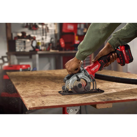 Heavy Duty 4.5 Inch Cordless Circular Saw With Brushless Motor Punching Up To 4500 Rpm cutting through plywood on a workbench.