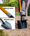 Person using Heavy Duty 57 Inch Digging Shovel With Fiberglass Handle And Round Steel Head Closed Back Design Prevents Debris Buildup And Rust Non Slip Cushion Grip For Lawn And Yard Work Orange Workhorse Shovel in garden