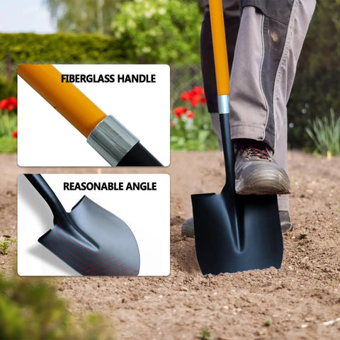 Person using Heavy Duty 57 Inch Digging Shovel With Fiberglass Handle And Round Steel Head Closed Back Design Prevents Debris Buildup And Rust Non Slip Cushion Grip For Lawn And Yard Work Orange Workhorse Shovel in garden