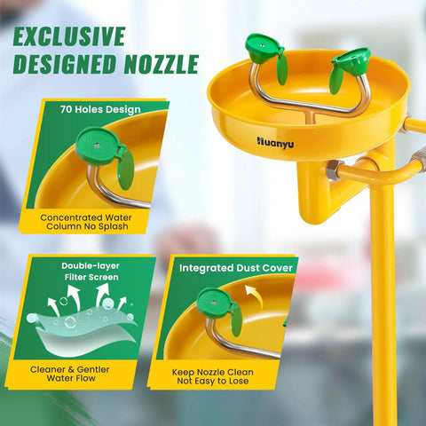 Floor Mounted Eyewash Station With Adjustable Water Flow, Rugged Stainless Steel Emergency Eye Wash, ANSI Z358.1-2014 Compliant, Heavy-Duty Stand Up Eyewash With Eye Wash Sign, Worksite Ready Yellow Finish 1207 Factory Model, shown with double-layer filter and integrated dust cover.