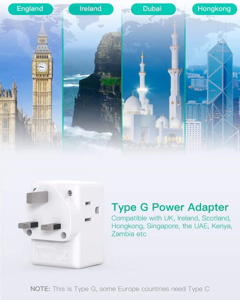 2 Pack UK Travel Plug Adapters for US to UK Type G International Plug Adapter 6 in 1 Worldwide Compatibility shown with landmarks